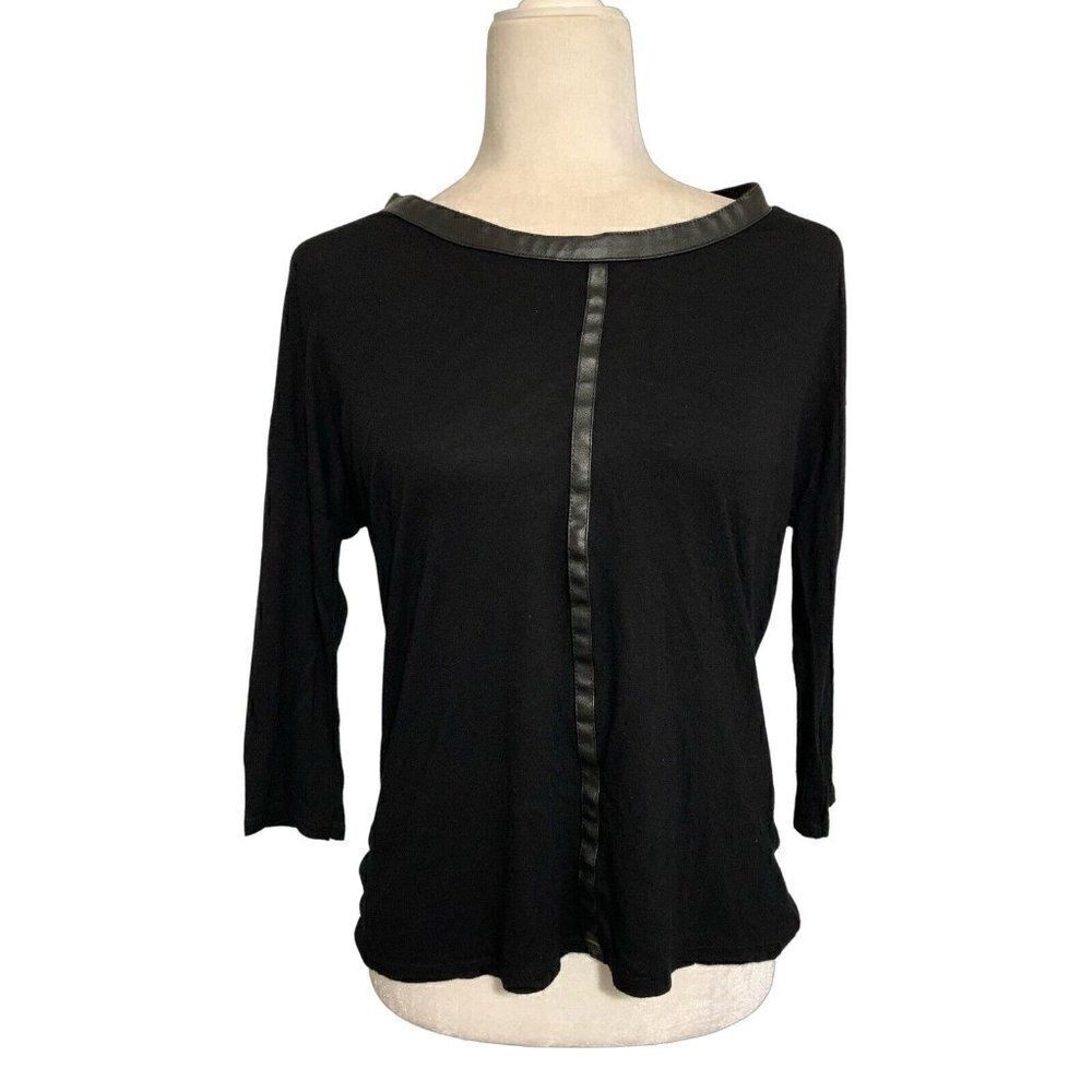 zara womens solid black long sleeve faux leather top t shirt small